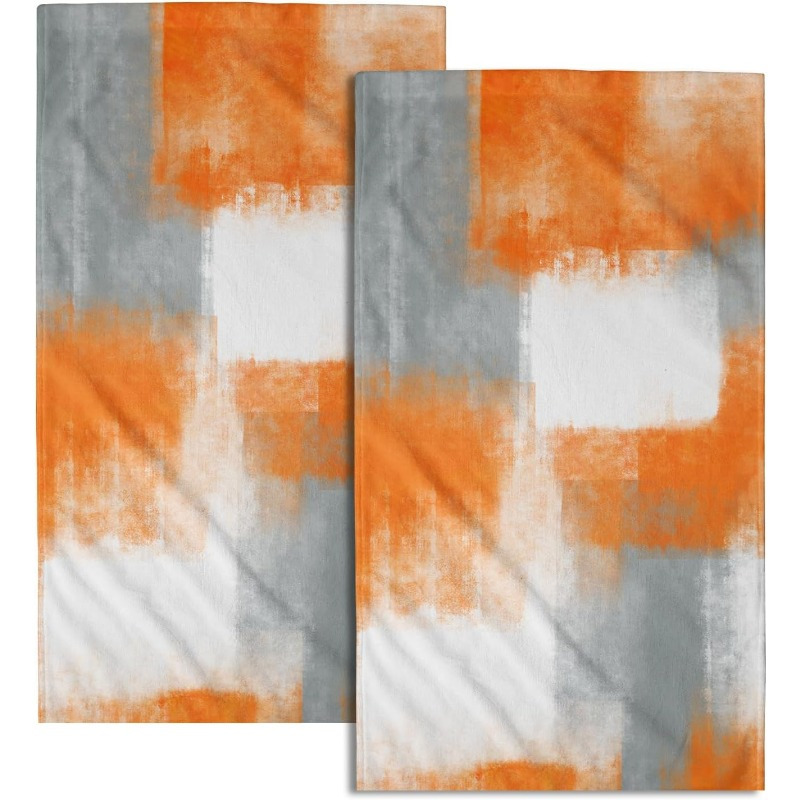 

2pcs Polyester Hand Towels, 18x26 Inch - Modern Abstract Art Design In Orange & Gray, Kitchen, Gym, Spa | Machine Washable