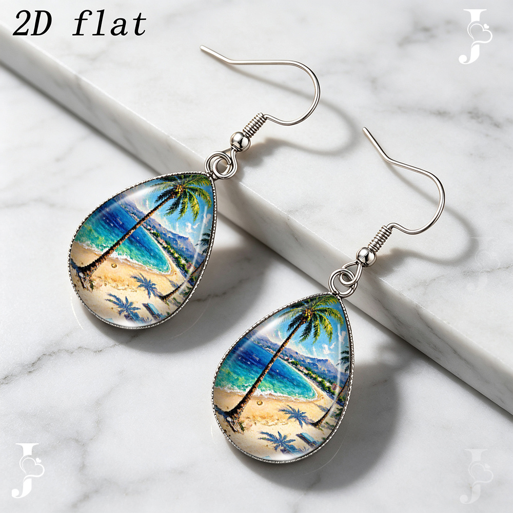 Teardrop Dangle Earrings with Beach Palm Tree Pattern