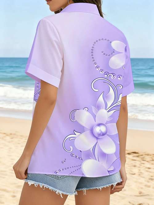 womens casual short sleeve blouse with lilac base and silvery pattern machine washable top fashionable button up shirt