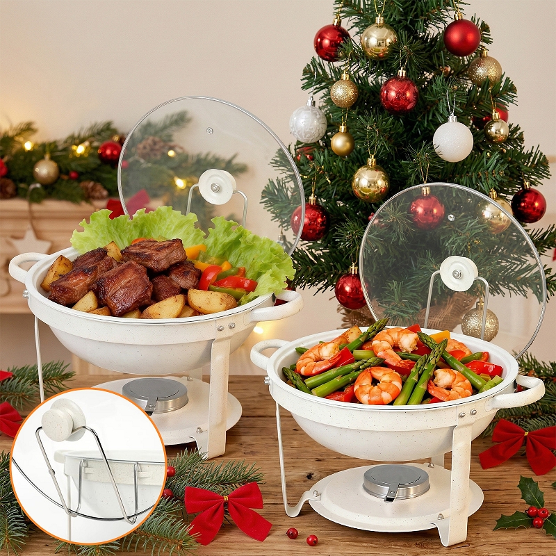 6qt Round Chafing Dish Pack Of 1/2/4/6, White Granite Finish Stainless Steel With Transparent Lids - Elegant Buffet Servers & Warmers, Stackable Storage, Wedding, Catering, Part - Cooking