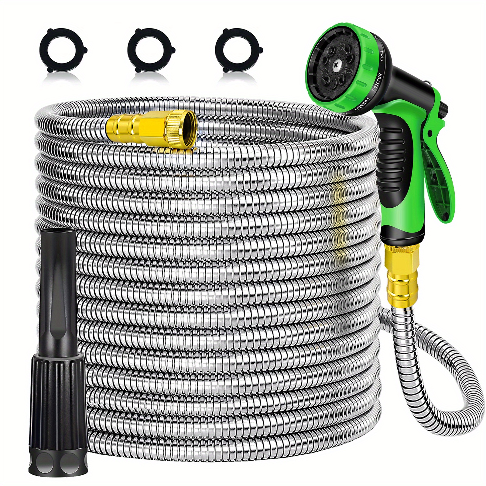item picture Heavy-Duty Stainless Steel Water Hose Available in Lengths of 25, 50, 75, 100, And 150 Feet, Designed for Garden Use. It Comes with 10 Different Nozzles, Is Lightweight And Flexible, Prevents Tangling