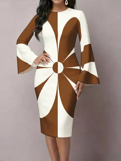 Elegant Women'S Dress | Flared Long-Sleeved, Round Neck *-Fit, Machine Washable, Brown and * Geometric Print, Fashionable and Elegant for Daily Party Wear Elegant Women'S Dress | Flared Long-Sleeved, Round Neck *-Fit, Machine Washable, Brown and * Geometric Print, Fashionable and Elegant for Daily Party Wear