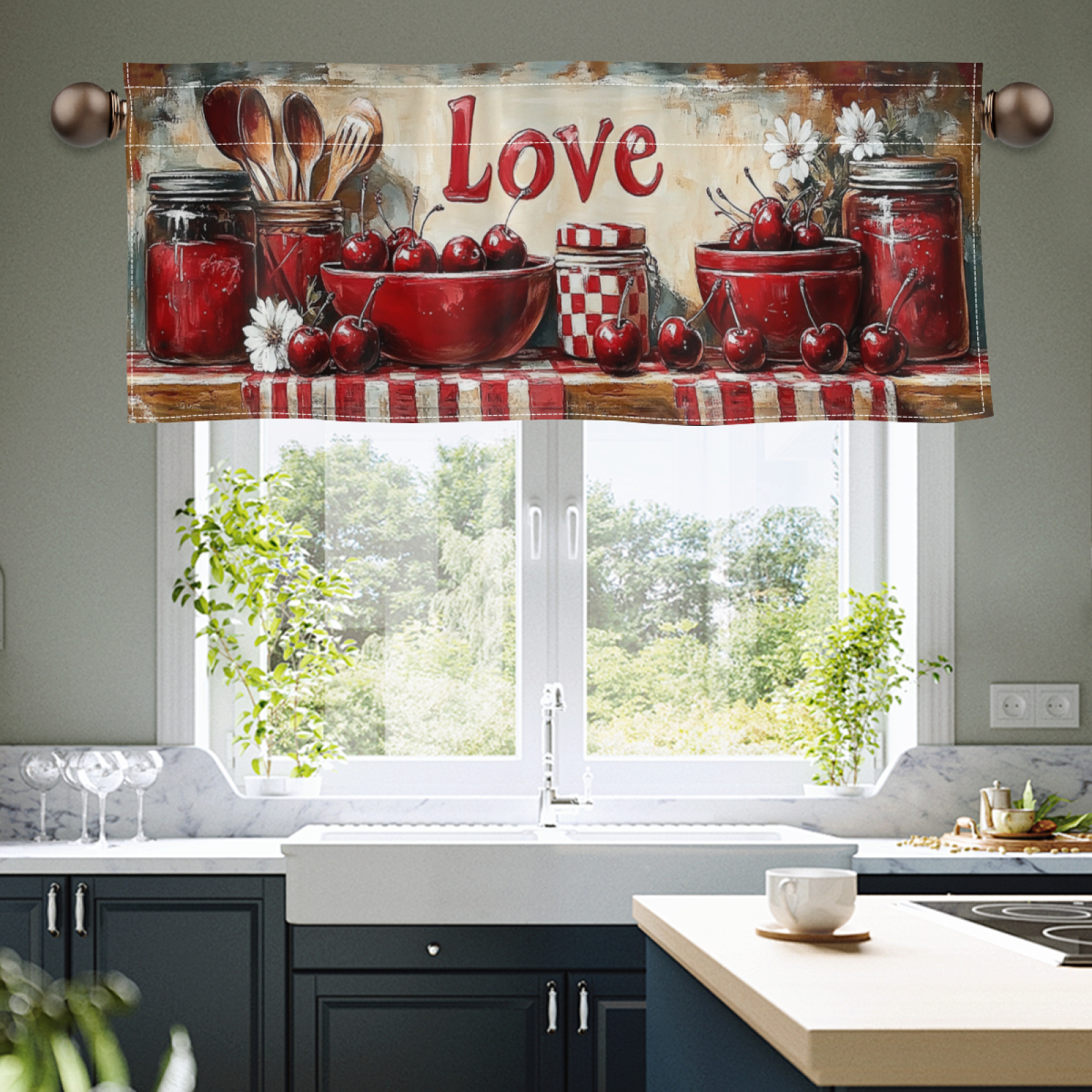 

Chic Cherry & Print Valance - Rod Pocket Window Treatment For Kitchen, Living Room, Or Bathroom - Polyester Home Decor