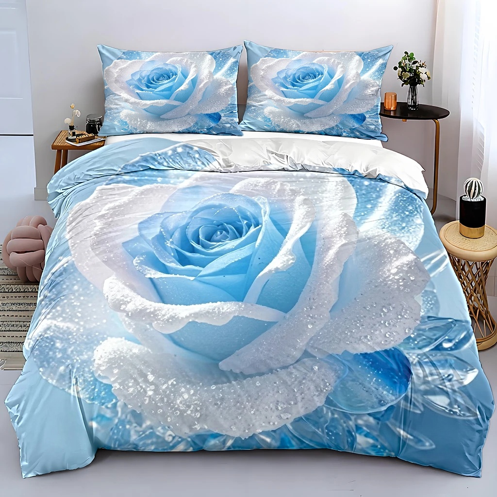 TEMU 3-teiliges Traumhaftes Eisblaues Rosen-Bettbezug-Set, Enthält Drei Teile (1 Bettbezug + 2 Kissenbezüge), Geeignet für Alle Jahreszeiten und
