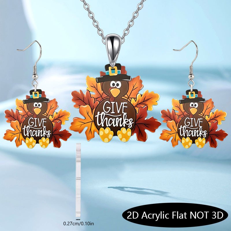 TEMU 2d Flat - Set Of 3pcs Featuring A 2d Design Of A Turkey, This Trendy And Adorable Cartoon Necklace And Earrings Make For A Easy Yet Elegant Gift