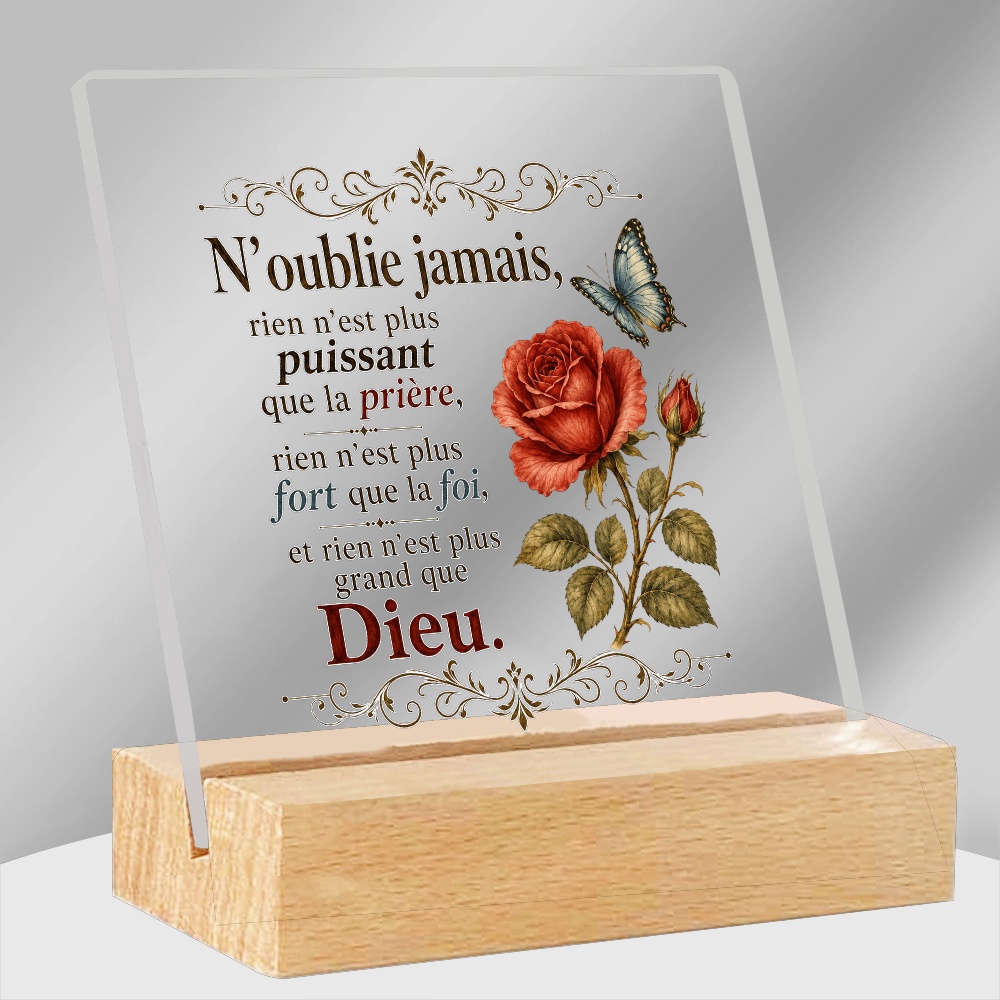 TEMU Presse-papiers de prière chrétienne 2D plat avec plaque d'écriture biblique française - Décoration de bureau en acrylique à motif floral et