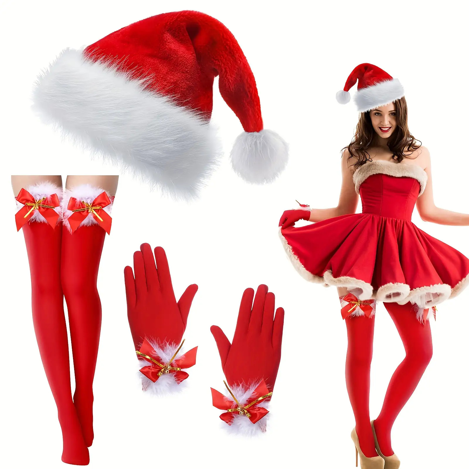 3-delige Kerstvrouwenkostuum met Kerstmuts Strik Rode Dijhoge Kousen en Strik Rode Handschoenen Kerstkostuum Rode Handschoenen Sokken voor Vrouwen, Feestoutfit, Compleet Kostuum Ensemble, Kerstmuts en Strik, Feestelijke Rode Outfit, Rode Kerst, Feestelijke Kleding,Seizoenskleding,Vakantiemode