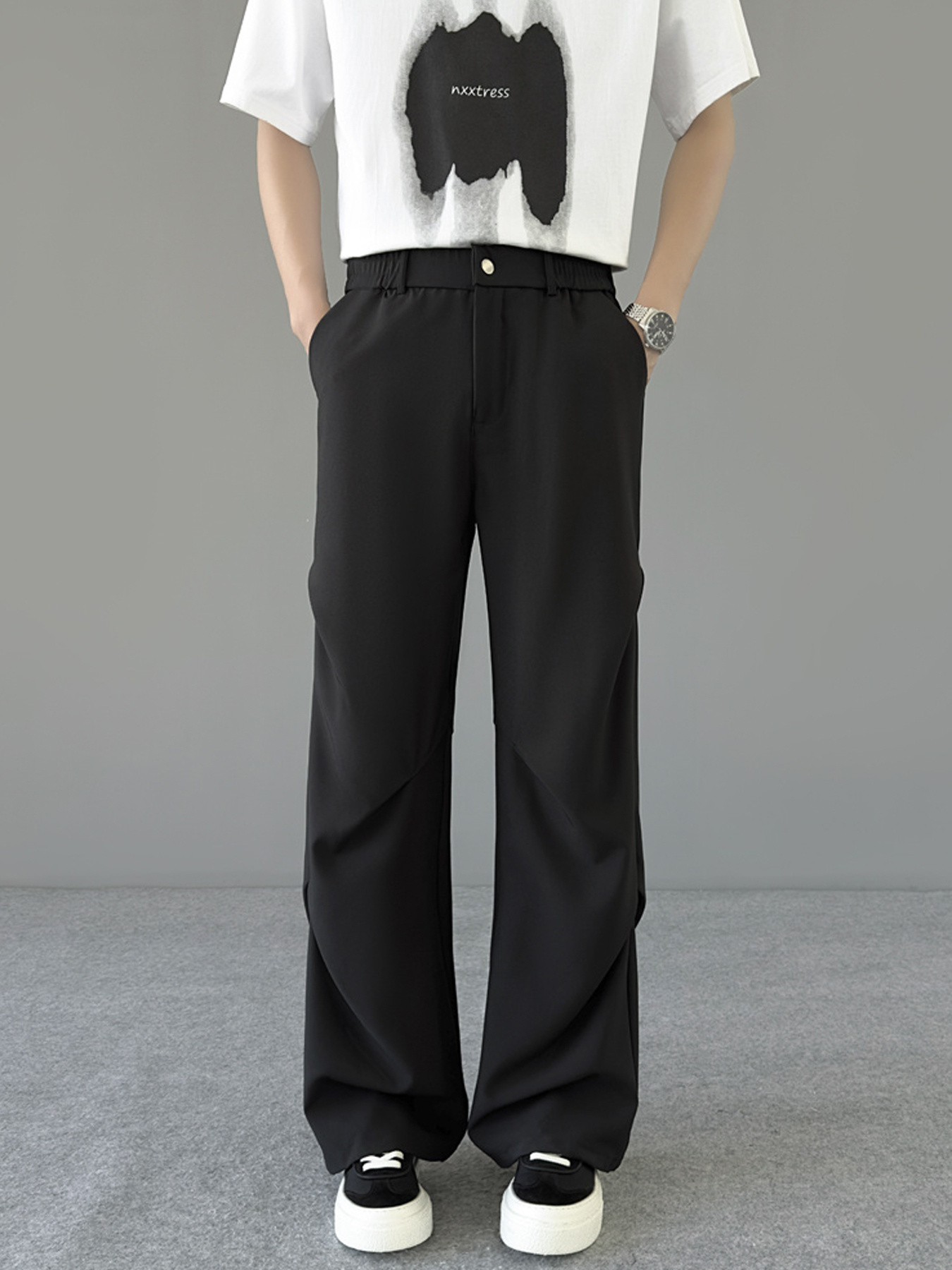 mens black flared dress pants Phix Men's Black High Waisted Side Buckle Flare Pants In Size 26W L34
