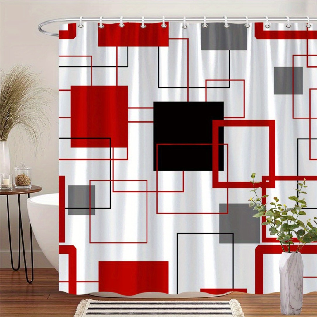 TEMU 2d Flat, 2d Flat, 2d Curtain 1pc, Red Gray Minimalist Geometric Shower Curtain, Polyester Comfortable Fabric, , Light , Natural Atmosphere,