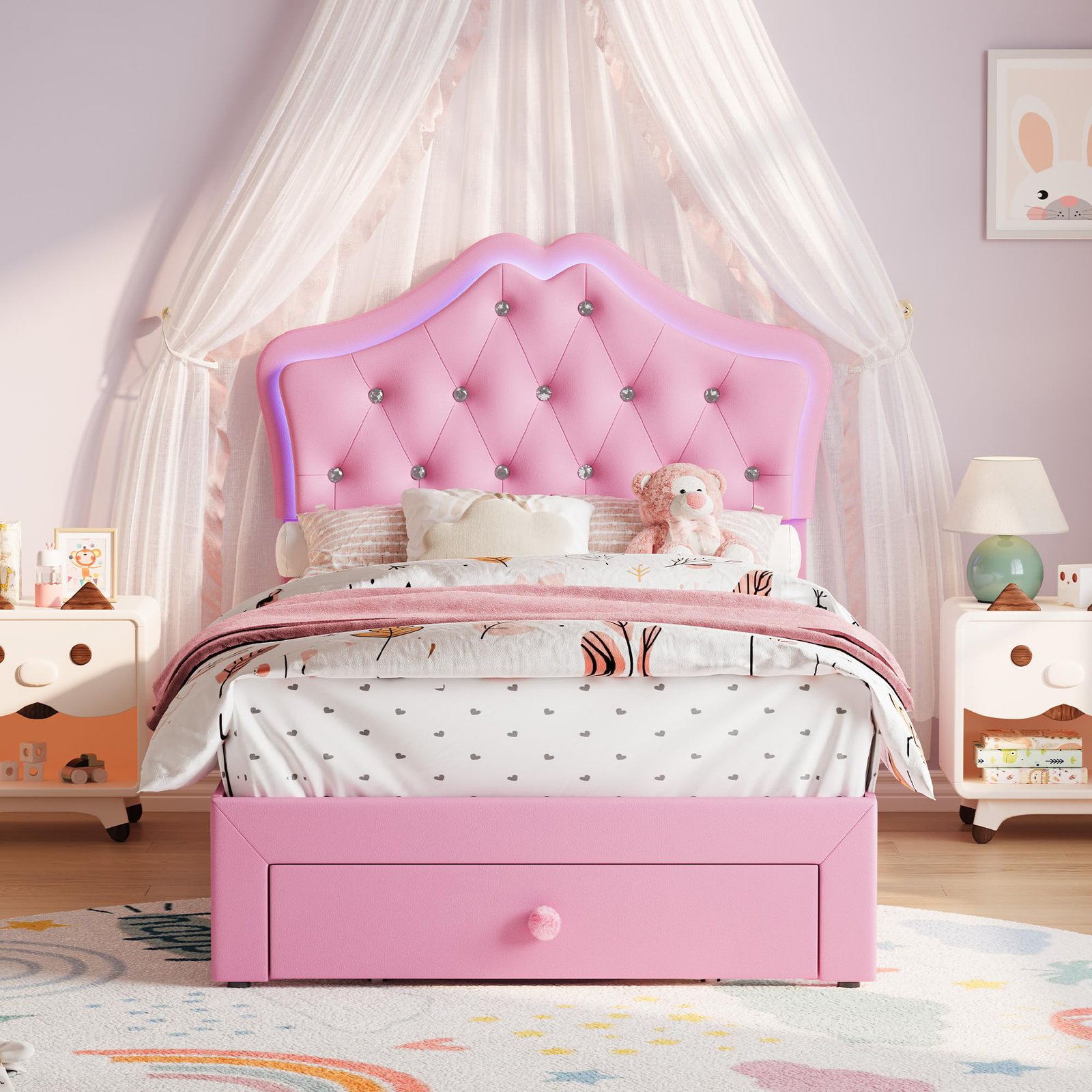 TEMU Chambre à lits sur plateforme pour princesse avec rembourrage - Tête de lit moelleuse en cristal - Tiroir de rangement - Lattes silencieuses -