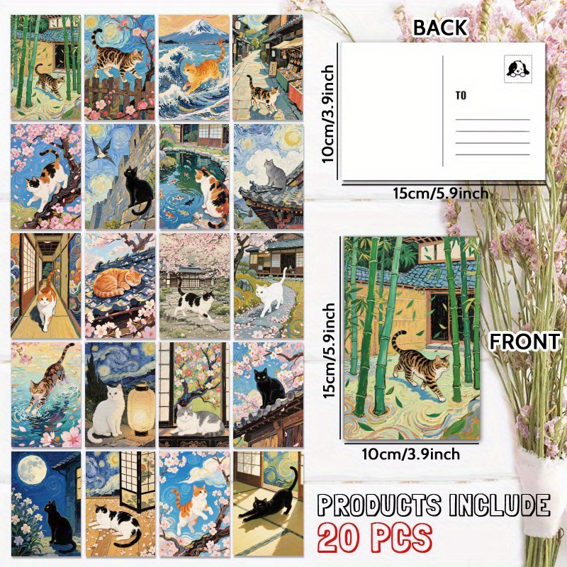 TEMU 20pcs Postcard Set – Whimsical Catscapes: Where Japanese Art Feline Charm, Collectible Home Decor, Scrapbooking, Greeting Cards (4 X 6 Inches)