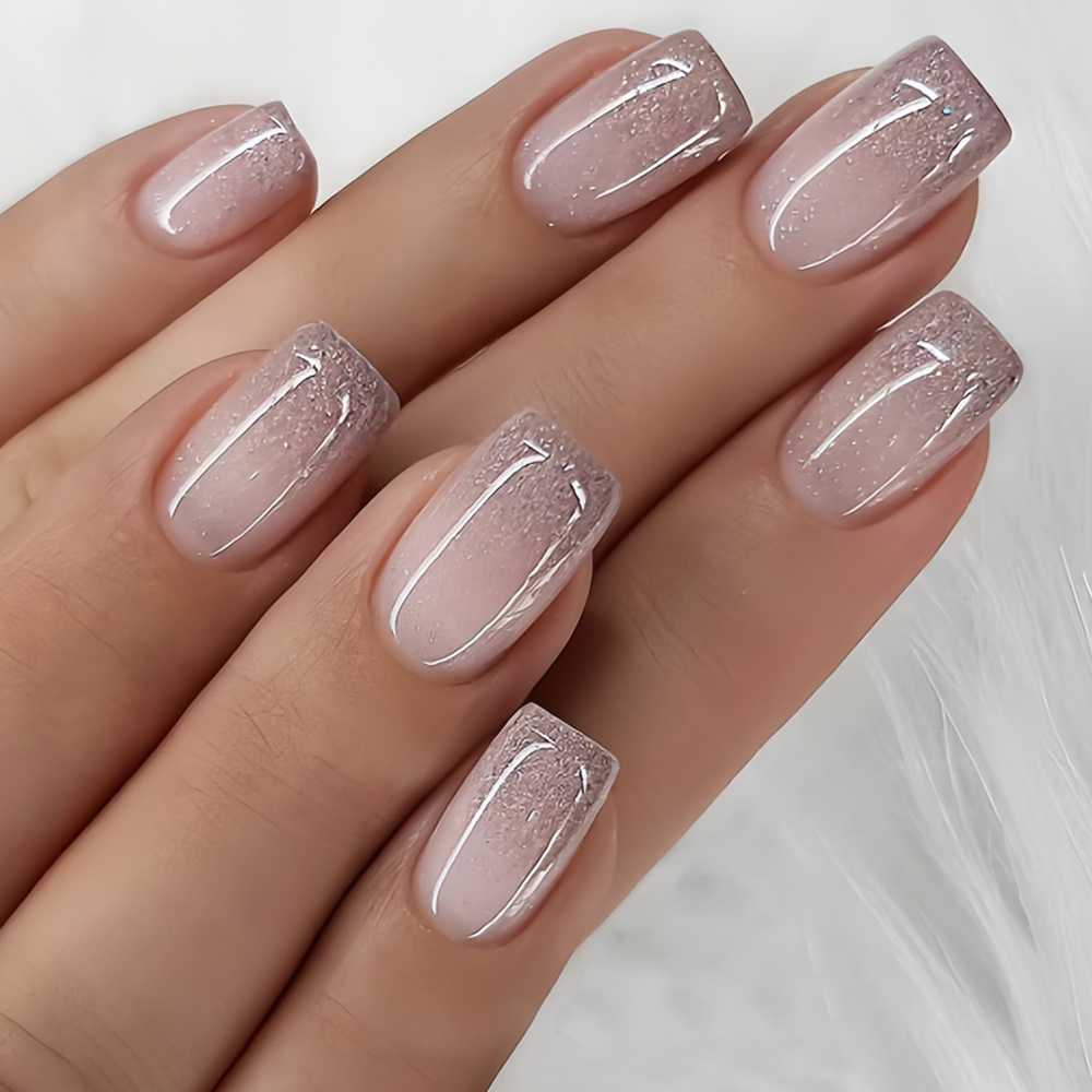 TEMU 24pcs European Style Chinese Square Glossy Press-on Fake Nails With Shimmering Glitter Gradient Design, Wearable Nails For Women, Suitable For