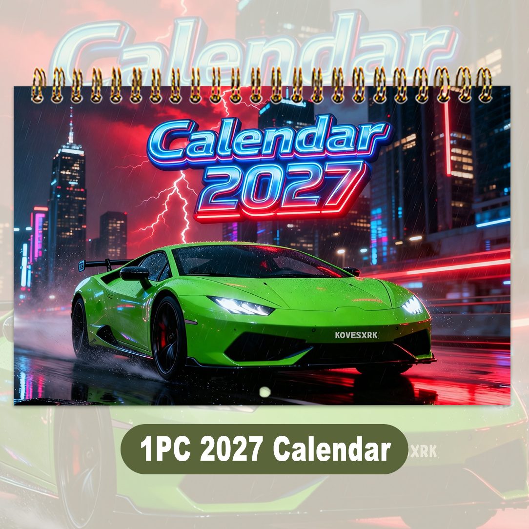 TEMU 1pc 2027 Sports Car Theme Calendar | 12pcs Vibrant Supercar View Wall Calendar | Desktop And Wall Hanging Dual Use | Date Grid For Recording