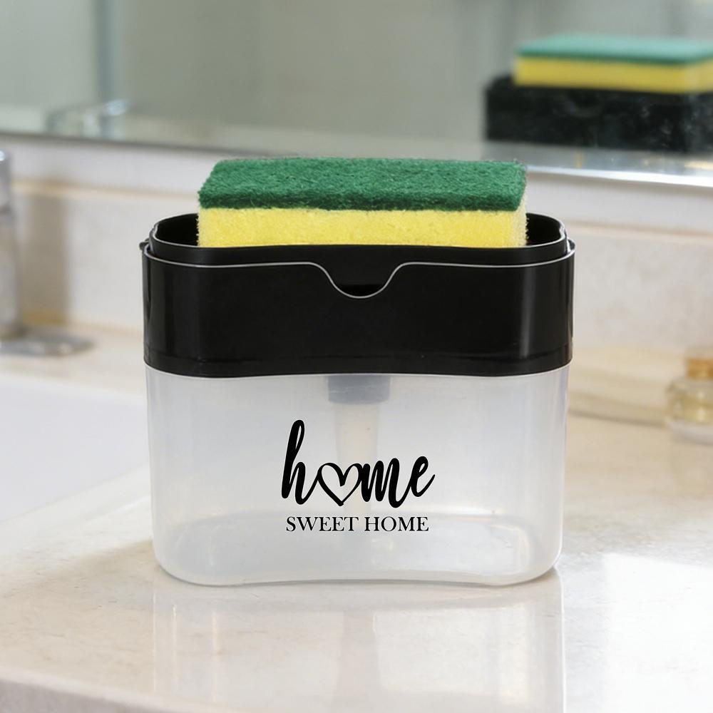 TEMU Hand Bottle, Heart Accent Press-type Dish Soap Dispenser With Sponge Holder, Minimalist Script Design, Black & Clear Plastic, Kitchen Countertop
