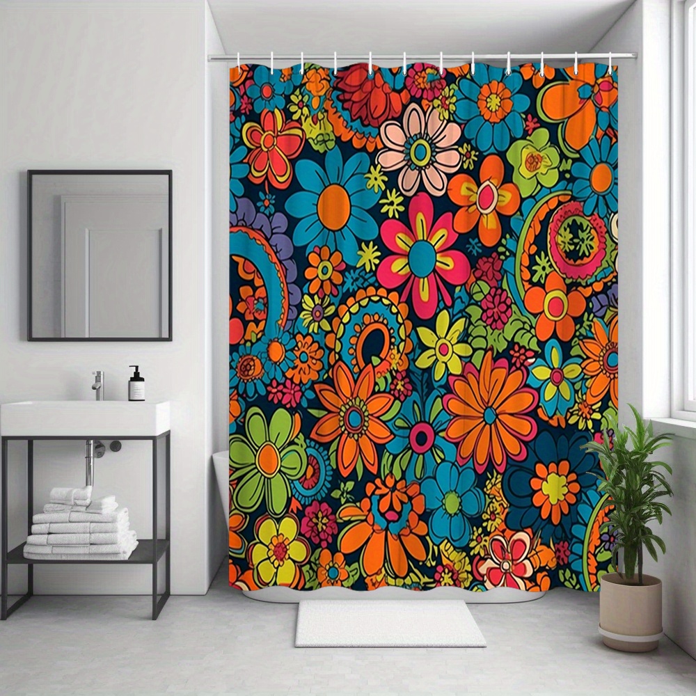 TEMU 1pc Rideau de douche floral rétro - Design et coloré avec des tourbillonnants, 12 crochets inclus, 70,8x70,8 pouces, matériau en polyester,