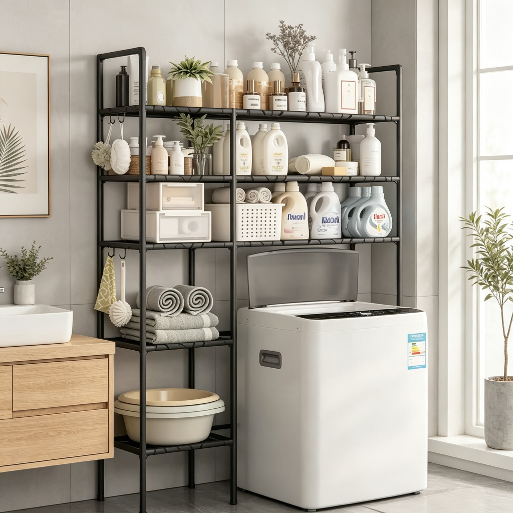 TEMU Side-mounted Washing Machine Storage Rack With A Vertical Tiered Design That Maximizes Side Space. The Multi-tier Shelves Can Hold Laundry