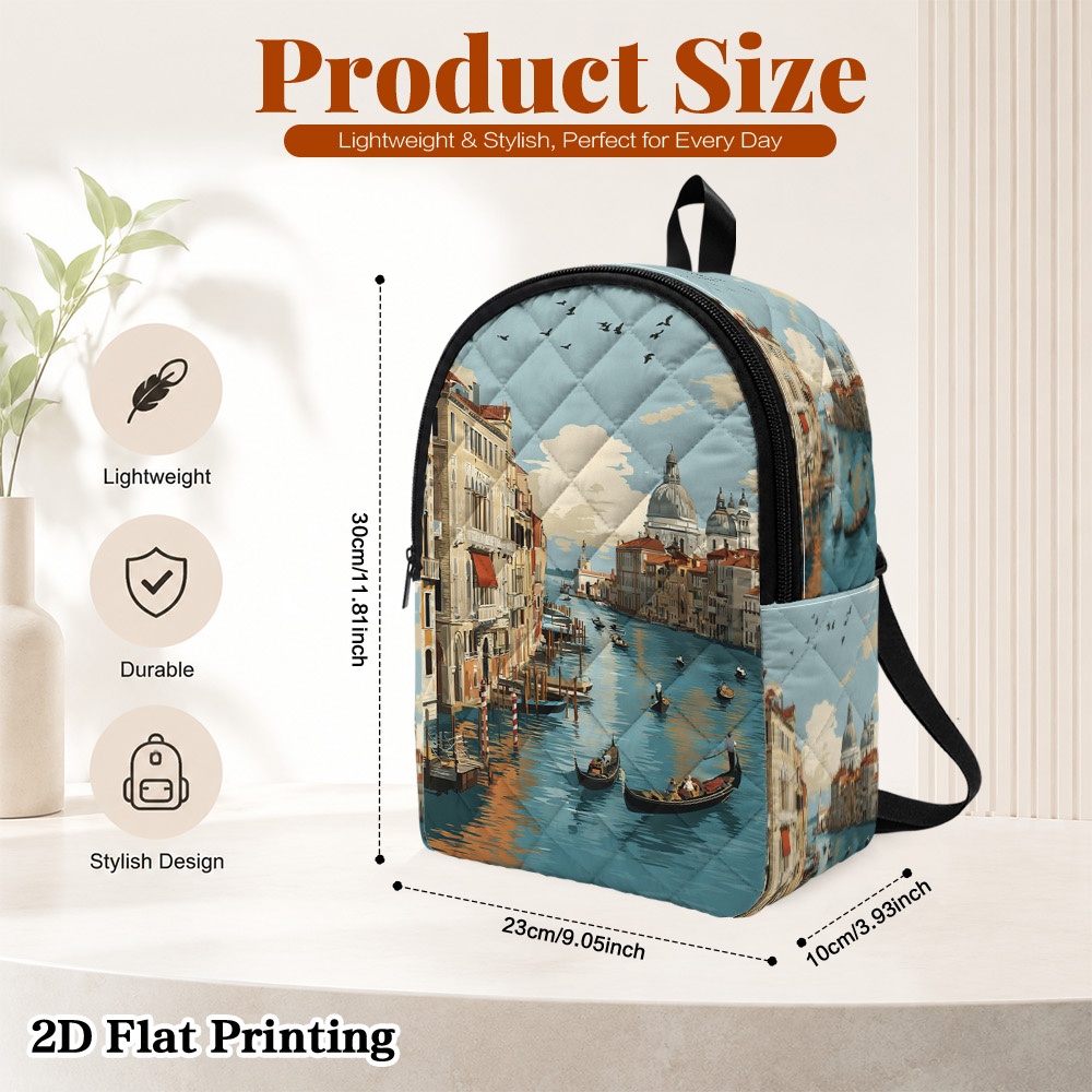 TEMU 1pc Ridesay Venice Italy Themed Backpack With Gondola Print & Diamond Grid Quilting - Large Capacity Travel Bag, Adjustable Ergonomic Straps,