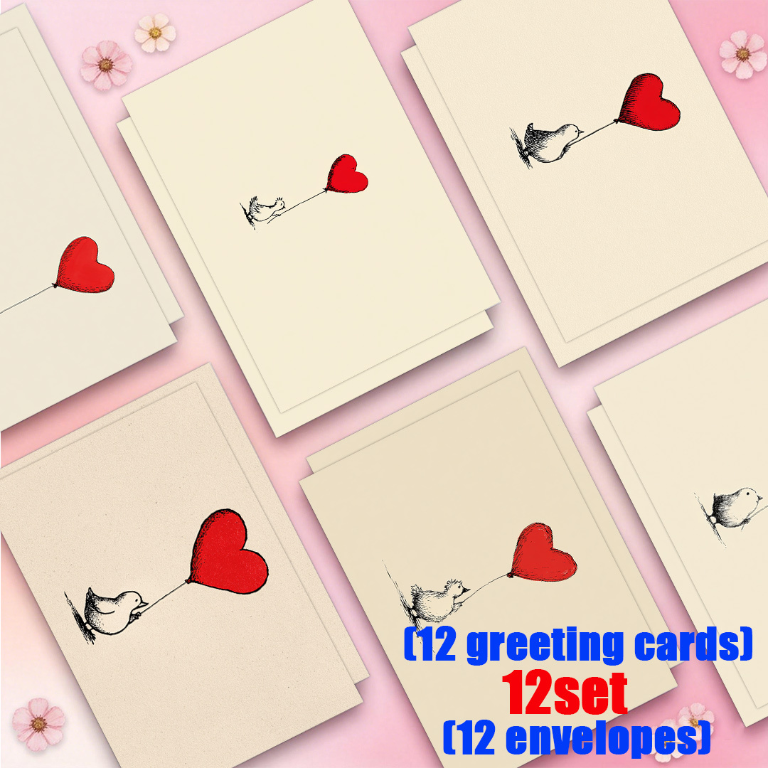 TEMU 6pcs/12pcs Fun Greeting Card/ Set, Red Heart-shaped Balloons, White Little Animals, Simple Background, , Romantic Atmosphere. Suitable For ,