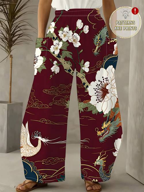 item picture womens vintage chinese wide leg trousers elastic waist loose fit pants with dragon print wine red suitable for all wear large side pockets traditional chinese style for casual cultural outfits