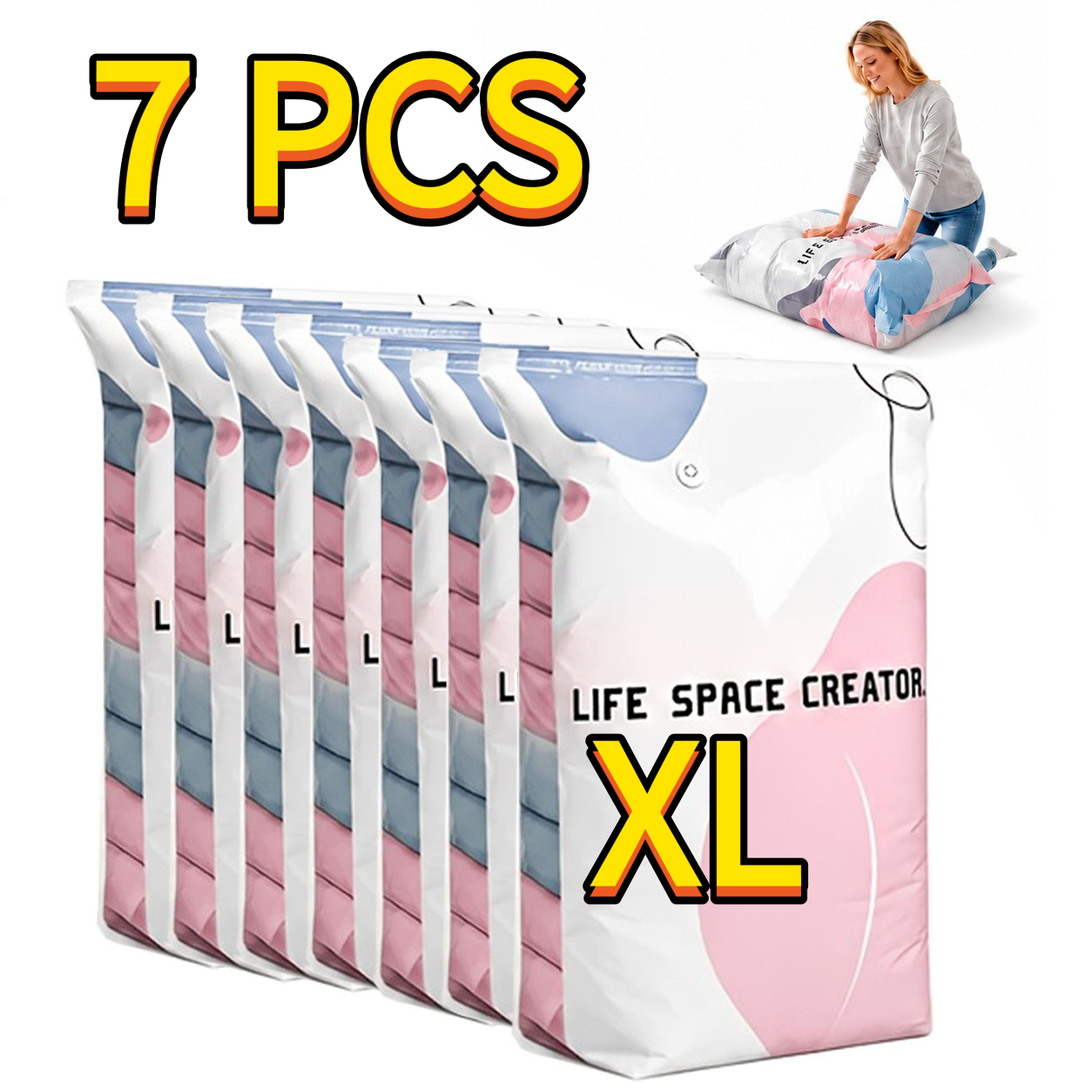 TEMU 7pcs Extra-large Compression Bags, Press-to-seal, Pump-free Heavy-duty Vacuum Bags, Space-saving, Suitable For Clothing, Blankets, Travel,