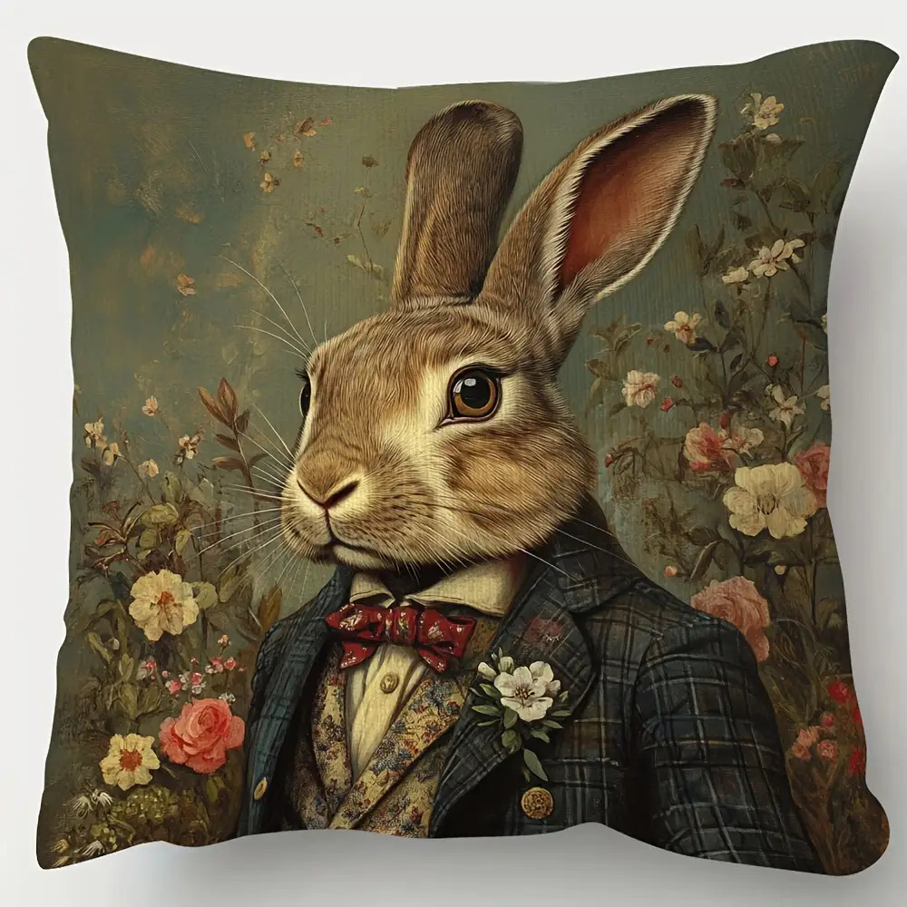 TEMU 1pc Pillowcase, Vintage Victorian Rabbit Floral Cushion Cover - Elegant Soft Tones In Brown, Beige, Pink, Green, And Golden, Pillow Insert Not