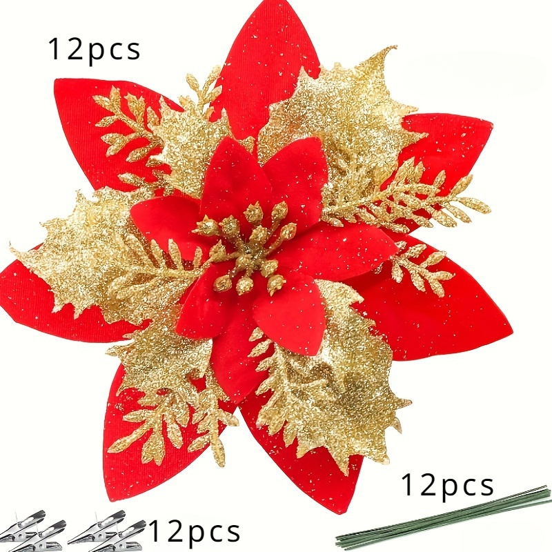 TEMU Ensemble de 36 pièces d'ornements suspendus floraux d' de Noël à paillettes, 12 décorations florales de Noël brillantes à paillettes avec 12