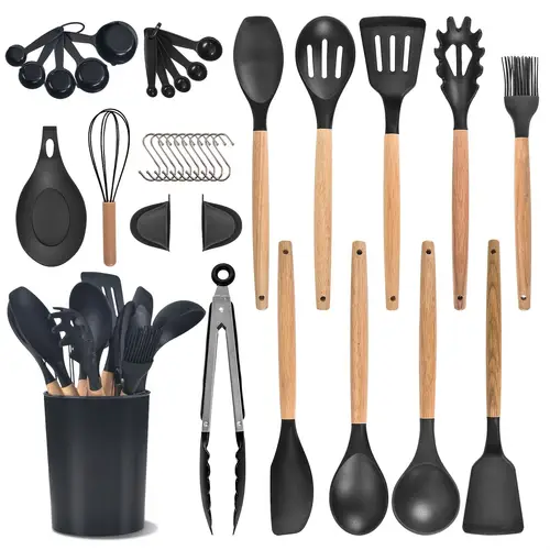 35pcs non stick silicone kitchen utensil set with wooden handles spatulas and cooking gadgets khaki cooking utensils