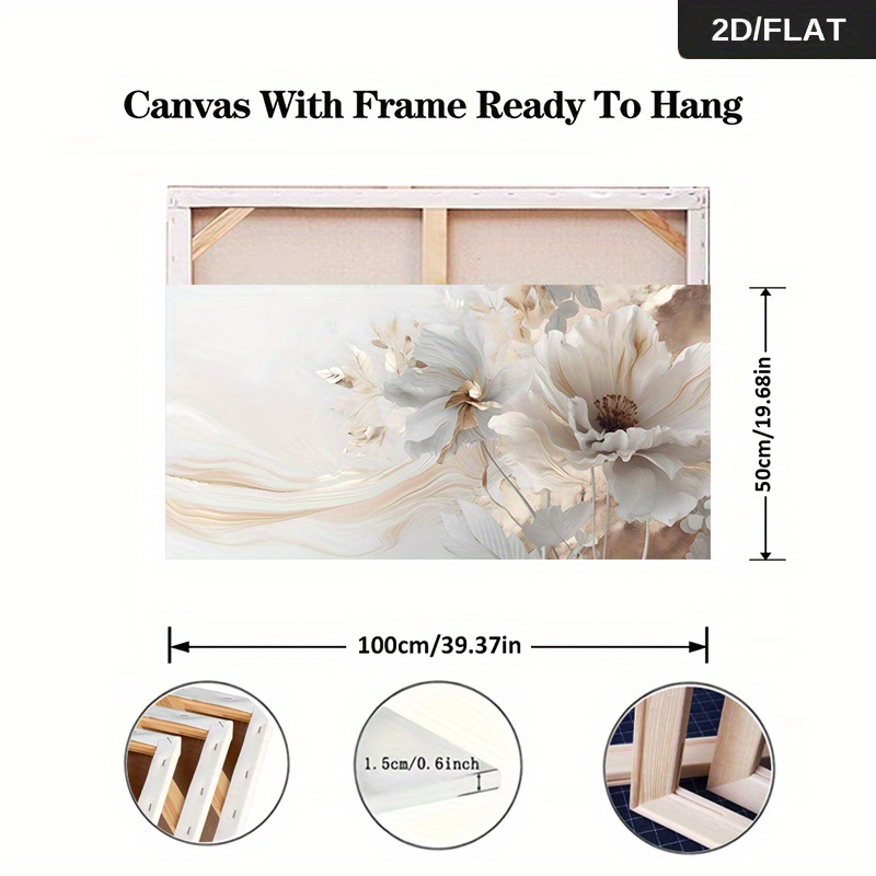 TEMU 2d Flat, 1pc Large White & Golden Floral Framed Canvas Wall Art - Oversized Beige & Painting, Modern Minimalist Large White Flowers With Golden
