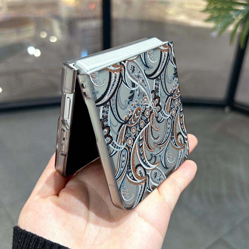 TEMU Phone Case: Black Transparent Phone Case With Classic Paisley , Suitable For Galaxy Z /7fe/6/5 Foldable Phones, Featuring And Scheme With