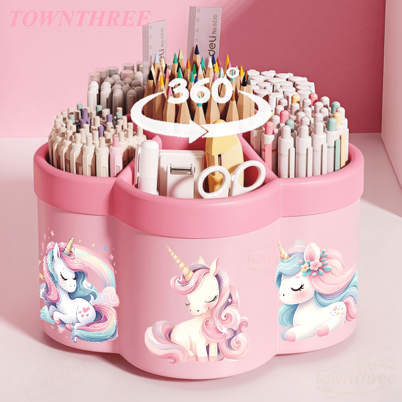 TEMU 1pc Rotatable Pen Holder And Cosmetic Organizer | Cute Unicorn 360° Rotating Desktop Storage Box | Large Capacity Portable Organizer, Suitable