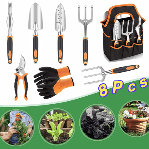 set of 8 gardening tools featuring a sturdy hand trowel trowel hand rake steel gardening scissors plant ties a bag and gloves perfect as a gift kit