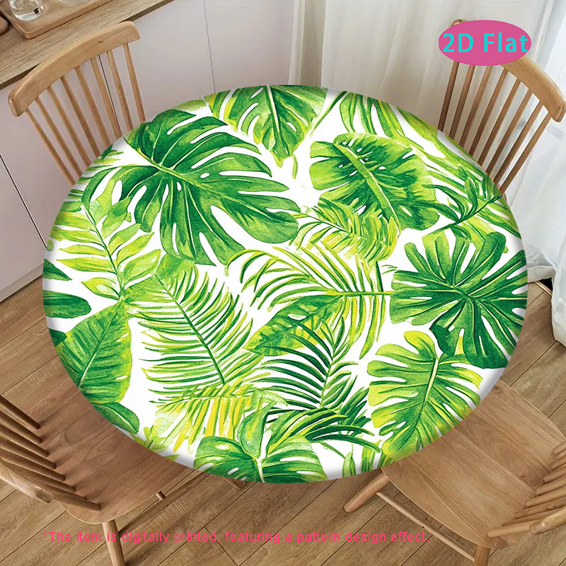 TEMU 2026 New 1pc Tablecloth With Elastic Band, Tropical Greenery Pattern 2d Flat Printed Circular Stretch Table Cover, Holiday Gift Indoor Outdoor ,