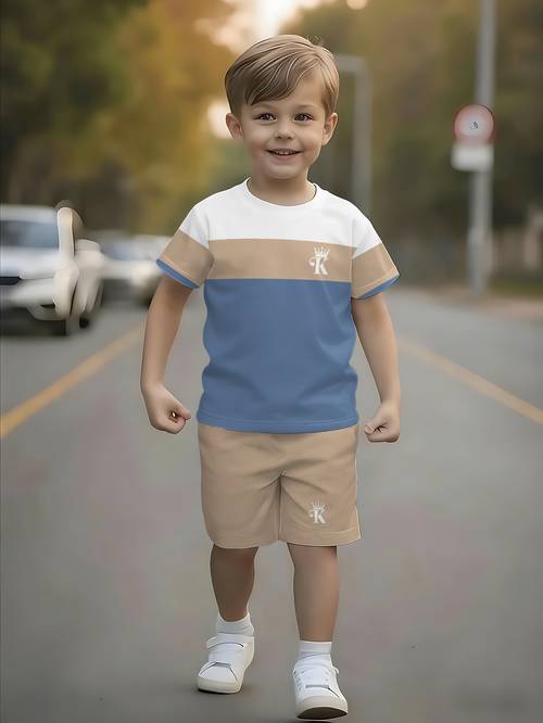 tweedelige set voor jongens met korte mouwen en shorts — ontworpen op een casual en stijlvolle manier met leuke patronen, perfect voor zomerse buitenactiviteiten, deze zachte, ademende, voor buiten