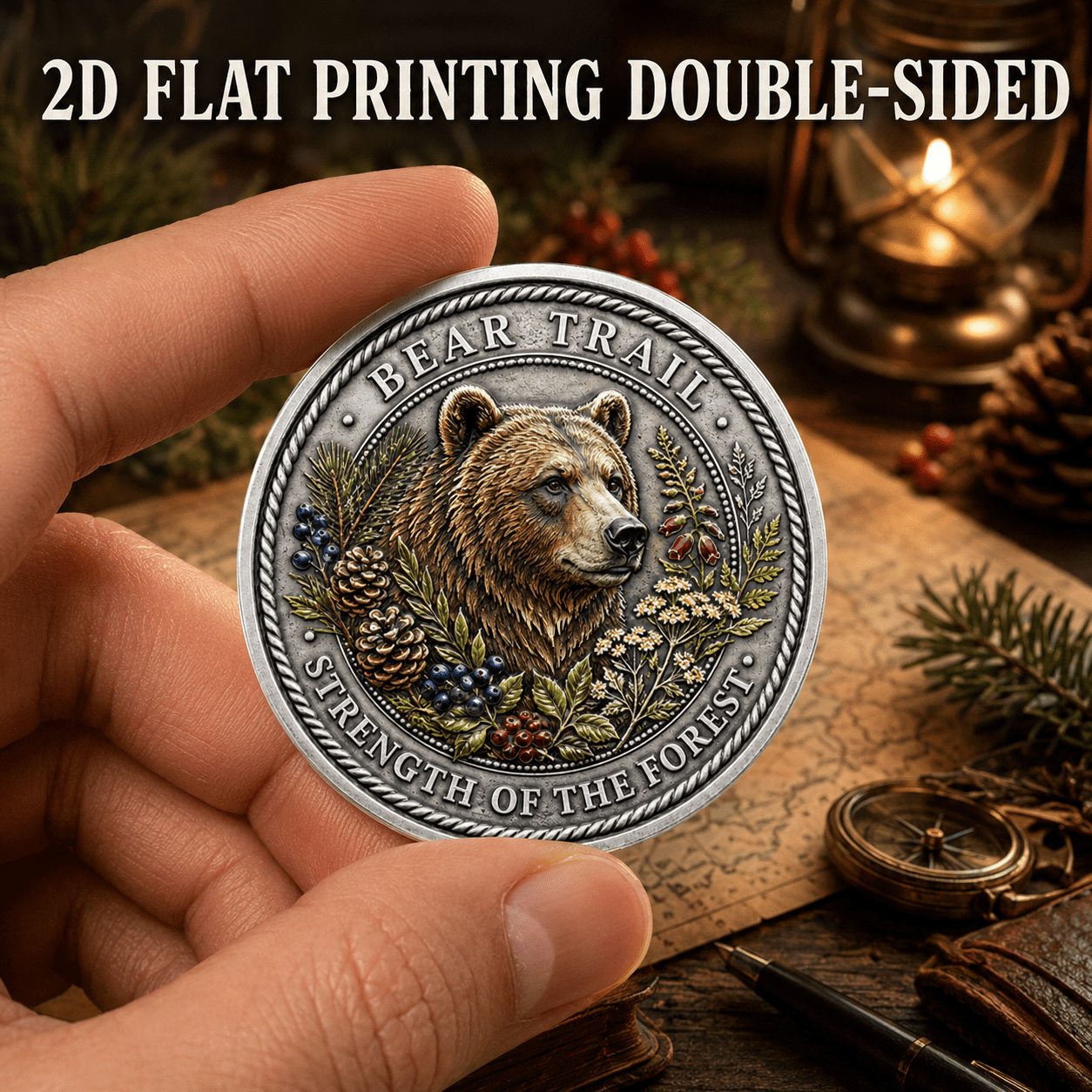 TEMU 2d Flat Printing, 1pc, Commemorative Coin (1.57x 1.57 Inches), Brown, For Bear And Woodland River Theme, Collectible Coin, Coin, Wildlife