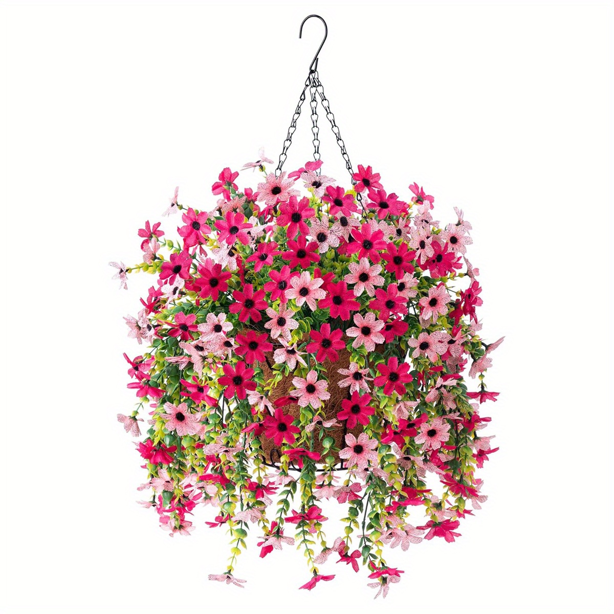TEMU [2d Flat] Artificial Flowers Hanging Planter Pre Decorated Flower Pot Waterproof Indoor Outdoor Hanging Basket Boho Wedding Porch Balcony Decor No Maintenance Fake Greenery Plant