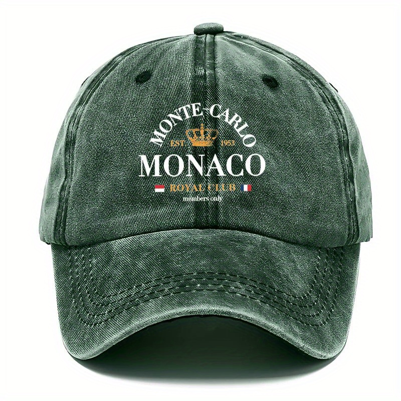 Image of A Vintage-style Baseball Cap With A "monaco" Print - Adjustable, Lightweight, And Breathable, Hand Washable, Suitable For Outdoor Sports And Casual Wear, Referred To As A Dad Hat
