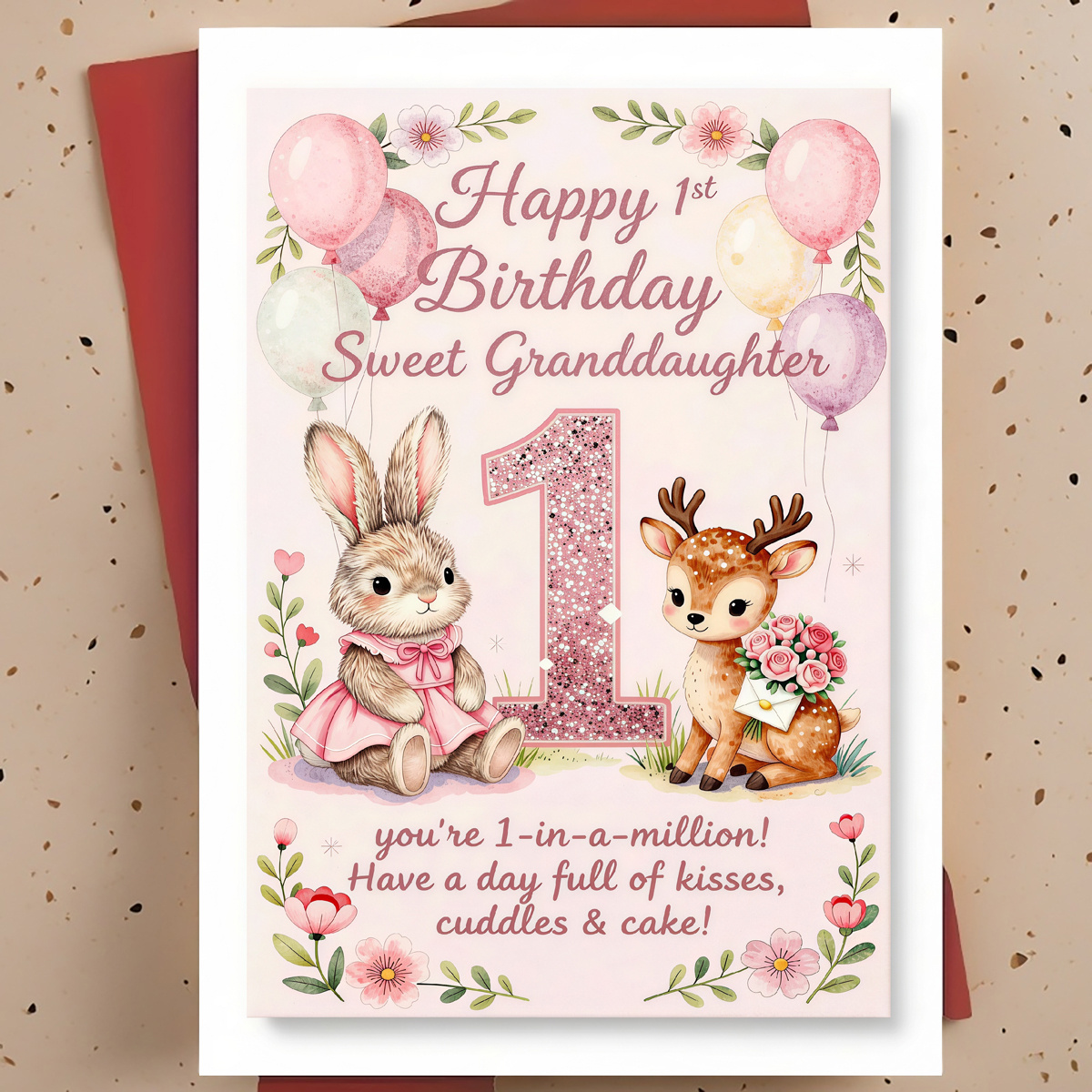 TEMU 1 Carte de Vœux Douce pour 1er Anniversaire pour Petite-Fille – Illustration de Lapin, Cerf, Fleurs et Ballon , Aquarelle Dessinée à , Carte