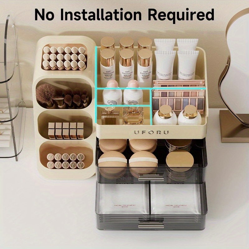 makeup organizer vanity with brush holder, countertop organizer with 2 drawers,   cosmetic display  , skincare, lipstick, makeup organizer with  , cosmetics storage organizer, makeup storage box, makeup organizers and storage, skincare storage, compact beauty display, modern vanity tray, lightweight storage solution, rustresistant organizer, makeup brush holder, skincare routine, makeup artists Product details 2