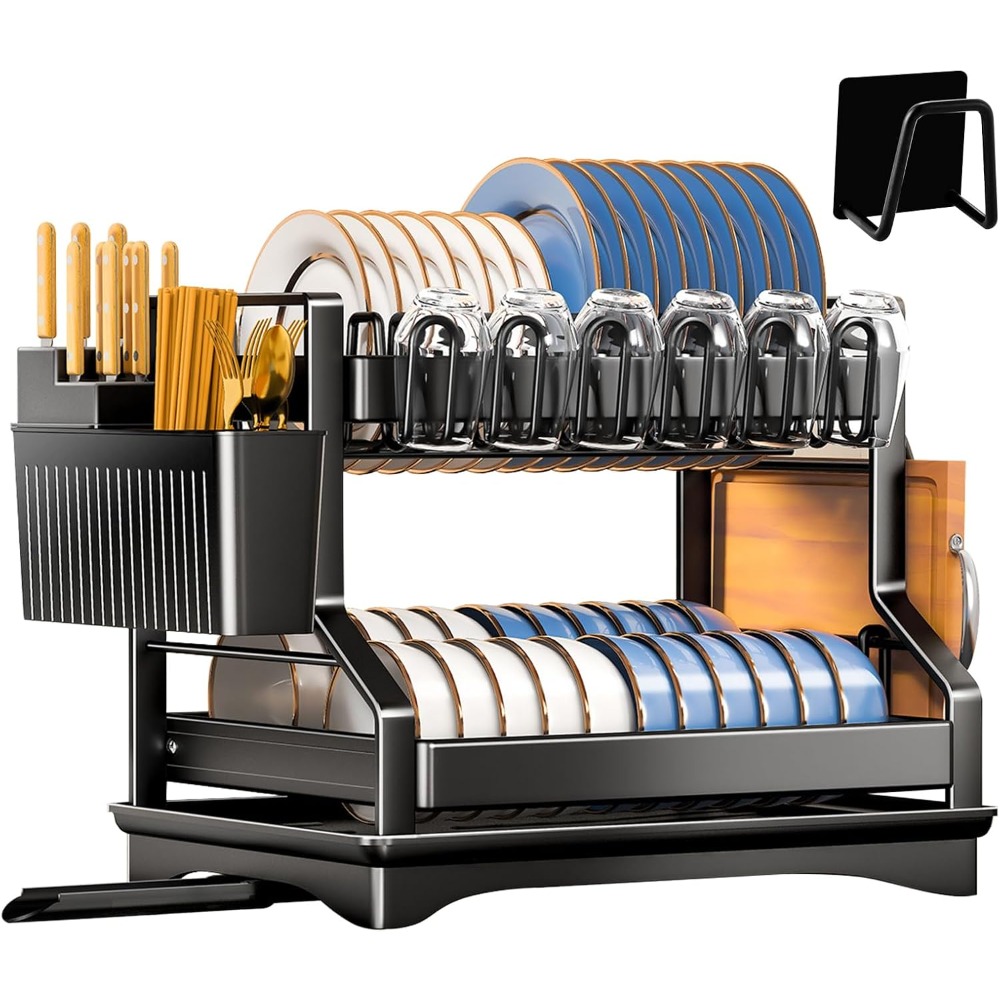 two tier stainless steel dish rack with utensil holder and drip tray cup holder and sink strainer for kitchen use