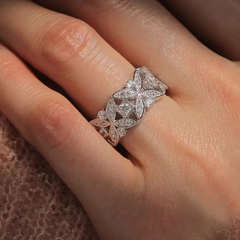 Women's Wide Band Flower Ring with Zirconia