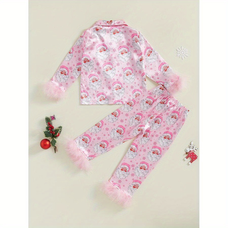 

1-9 Years Girl 2pcs Christmas Pajamas Long Sleeve Feather Trim Shirt + Pants Set Sleepwear, Best For Christmas