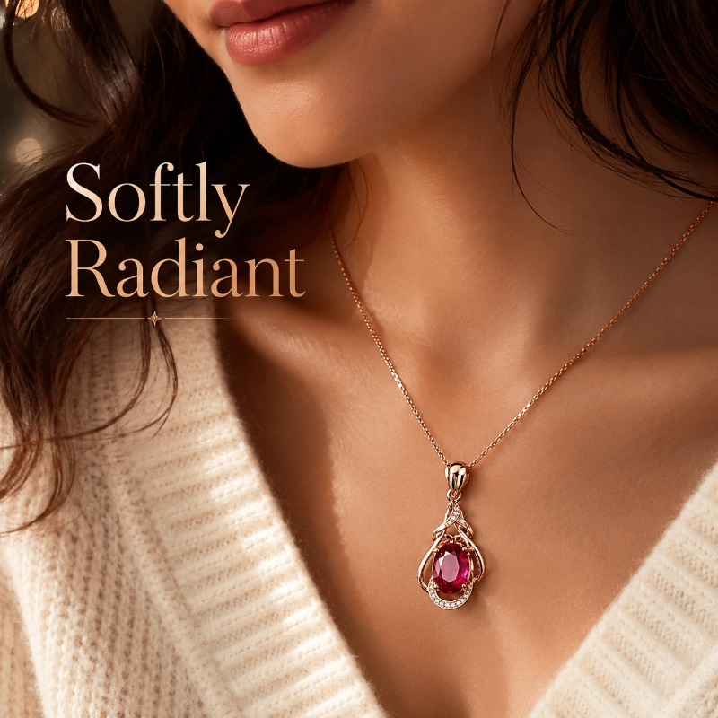 Collier pour femme en rubis synthétique avec pendentif ovale en rubis de synthèse - -ternissure, hypoallergénique, convient pour mariage, mariée, accent de CZ transparent, cadeau pour anniversaire, bal de fin d'année, tenue décontractée, chaîne boîte pour elle, pierre précieuse rouge esthétique