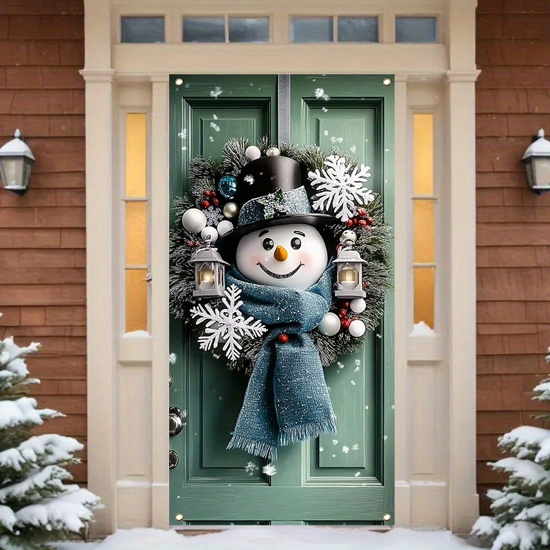 

Snowman With Christmas Wreath Door Banners-35.4 X70.8 Inch Polyester Fiber Holiday Decoration, Suitable For Indoor/outdoor Parties And Photo Booths