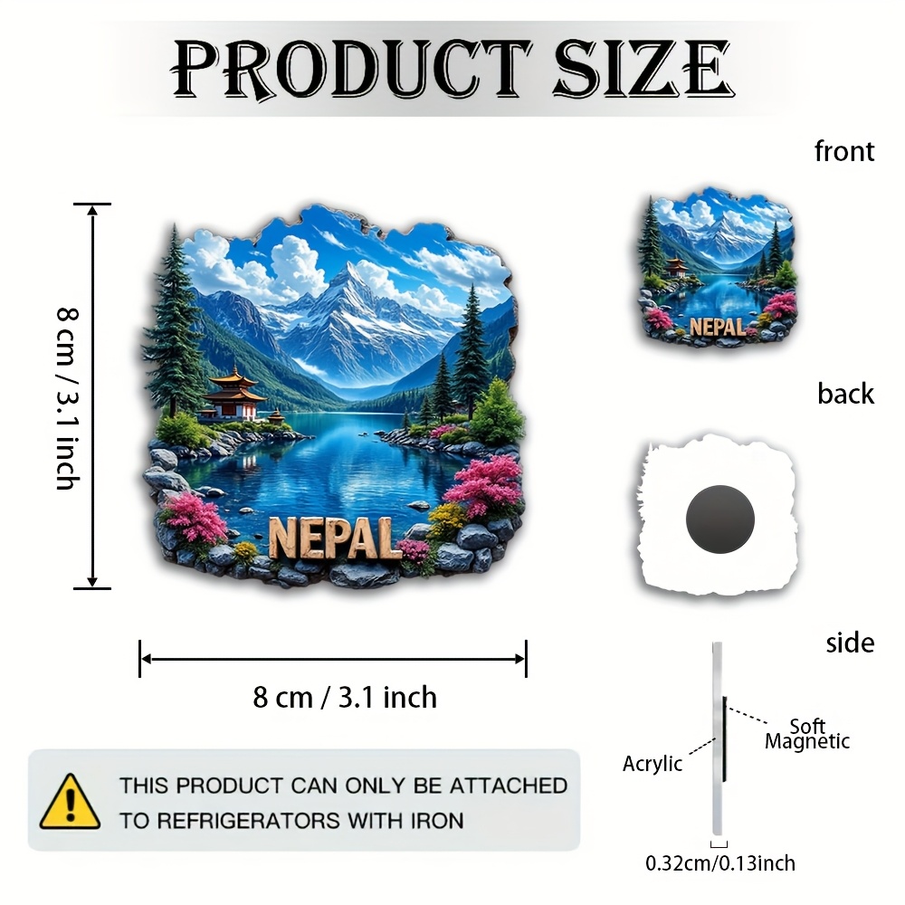 A Single Decorative Plaque And Ornament in The Form of a 2D Flat Acrylic Fridge Magnet Featuring a Landscape from Nepal. This Fridge Sticker Serves As a Travel Keepsake And Is Ideal for Enhancing Home Decor, Particularly in Kitchens