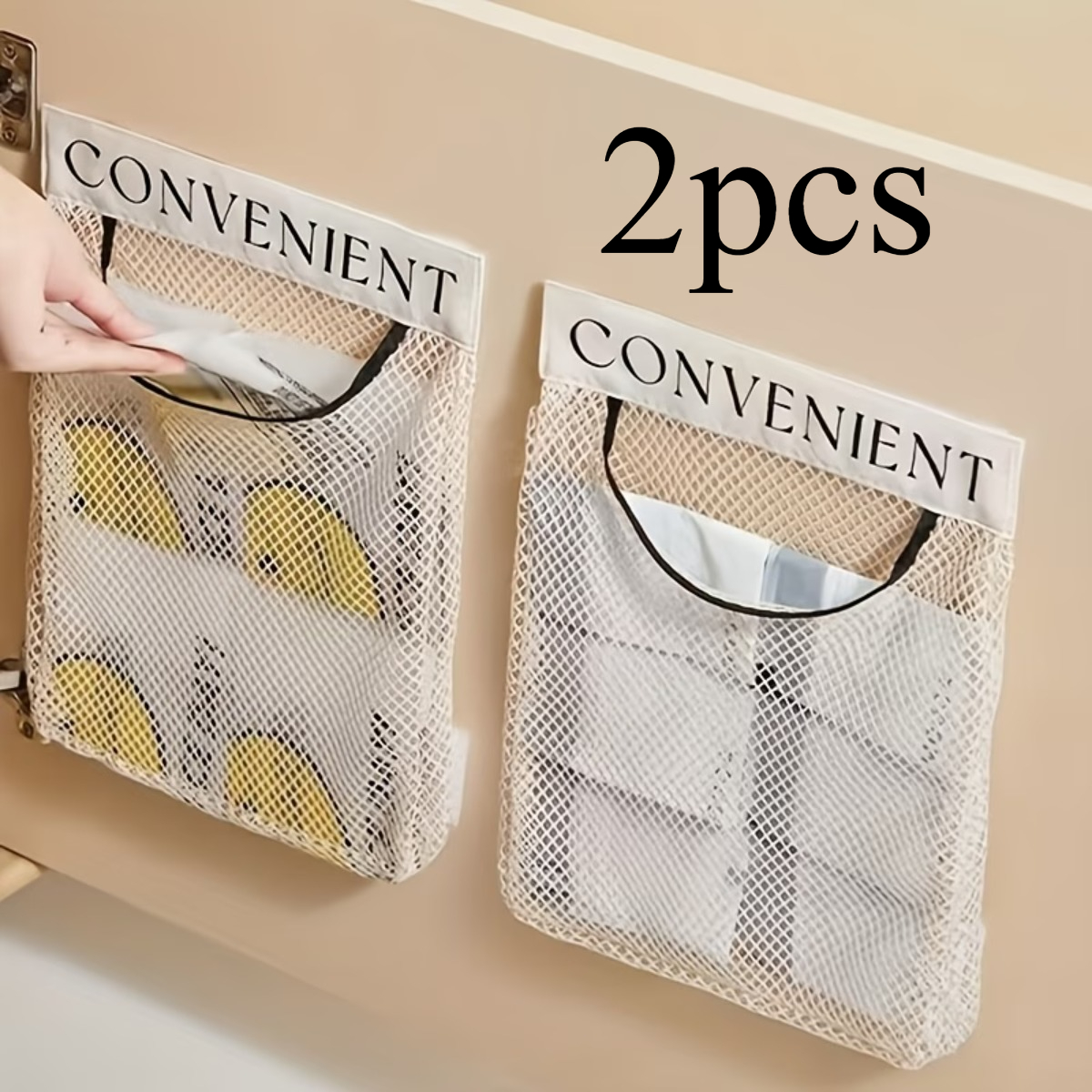 TEMU 2-pack Hook-and-loop Mesh Trash Bag Storage Bags, Adhesive Design, Reusable, Suitable For Kitchen And Closet