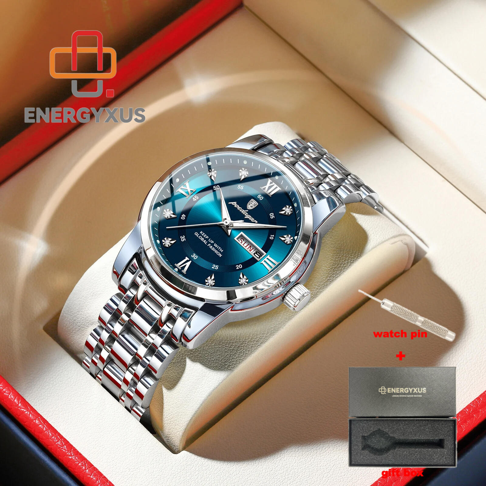 TEMU Energyxus Luxury Trendy For Man Wristwatch Stainless Steel Luminous Men Watch Date Week Fashion Men's Watches Reloj