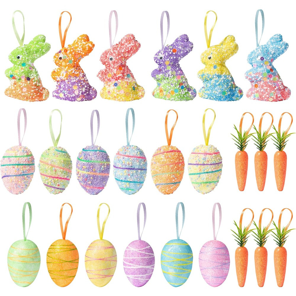 

24pcs Easter Tree Ornament Set - Foam Eggs, Carrots & Bunny Pendants With Glitter - Spring Parties & Home Decor