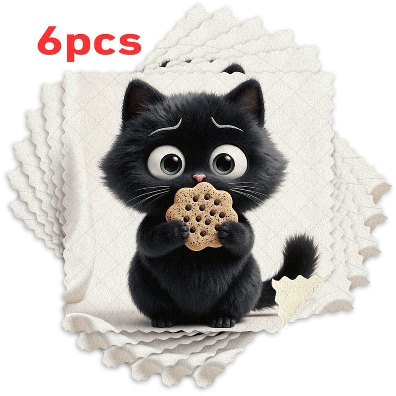 TEMU 3/6pcs Set Kitchen Dish Cloths, Reusable Cleaning Cloths With 2d Cartoon Black Cat Eating Pattern, Microfiber Scouring Pads, Absorbent And Easy