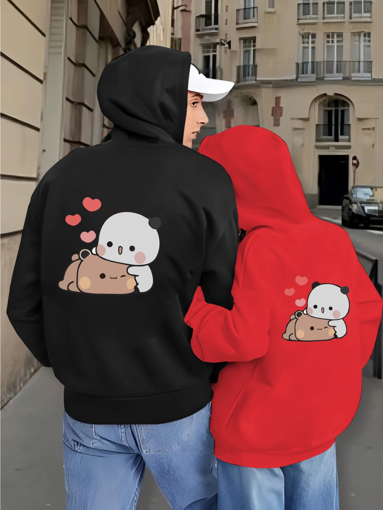 cute bear print hoodie black white couple pockets sweatshirt