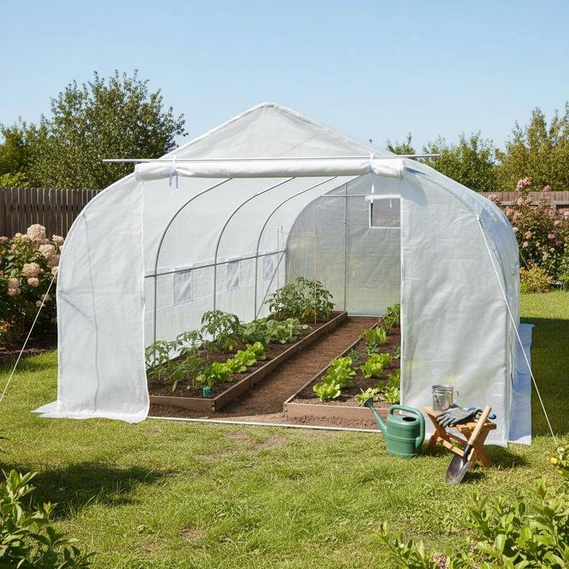 Walk-in Polyethylene Grow Tent 4.5 X 3 X 2m For Vegetable Cultivation Flower Nursery Backyard Gardening, Roll-up Windows Zipped Door Galvanised Metal Structure White Pe Cover